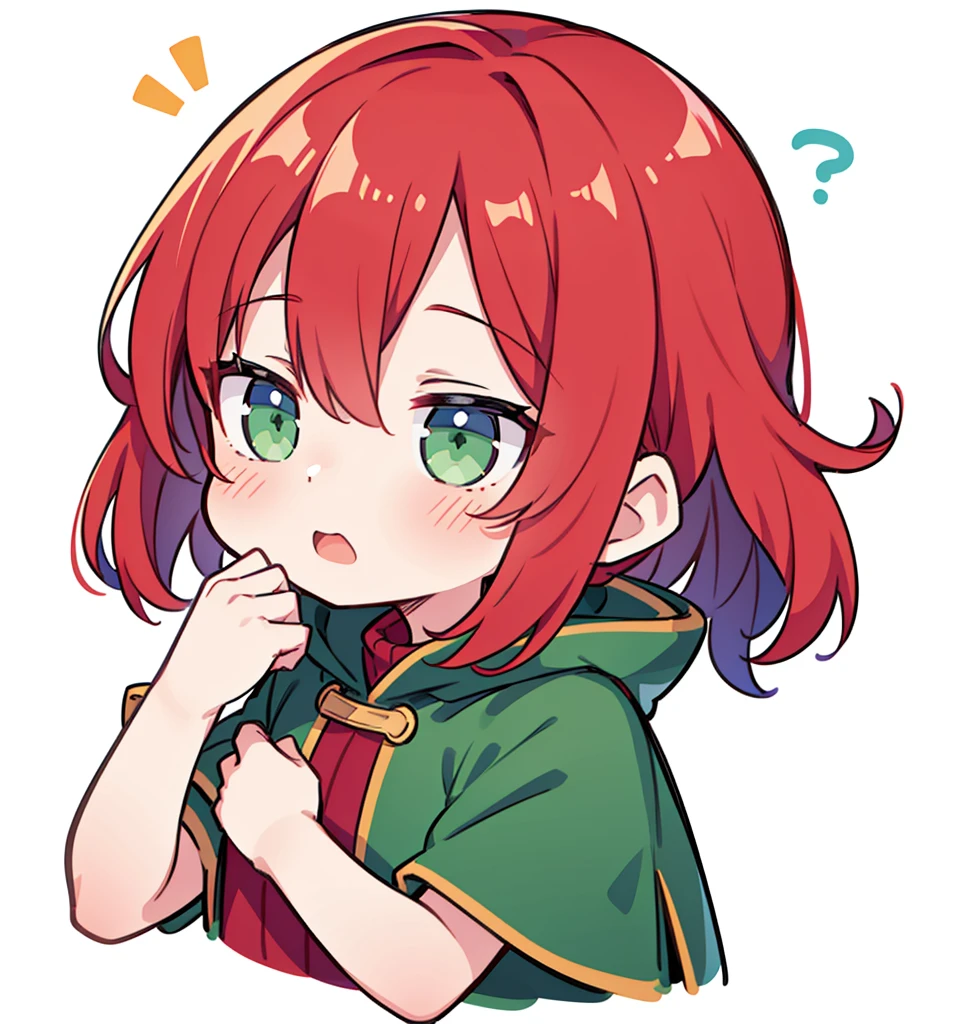 超A high resolution,(best quality,highres,masterpiece:1.2),1girl, red hair, blue cloak, green clothe, green eyes, warm color tones, Chibi, simple background, emoji, surprised, exclamation