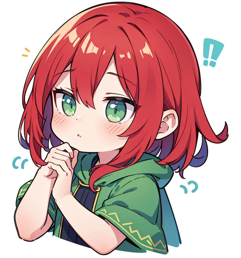 超A high resolution,(best quality,highres,masterpiece:1.2),1girl, red hair, blue cloak, green clothe, green eyes, warm color tones, Chibi, simple background, emoji, surprised, exclamation