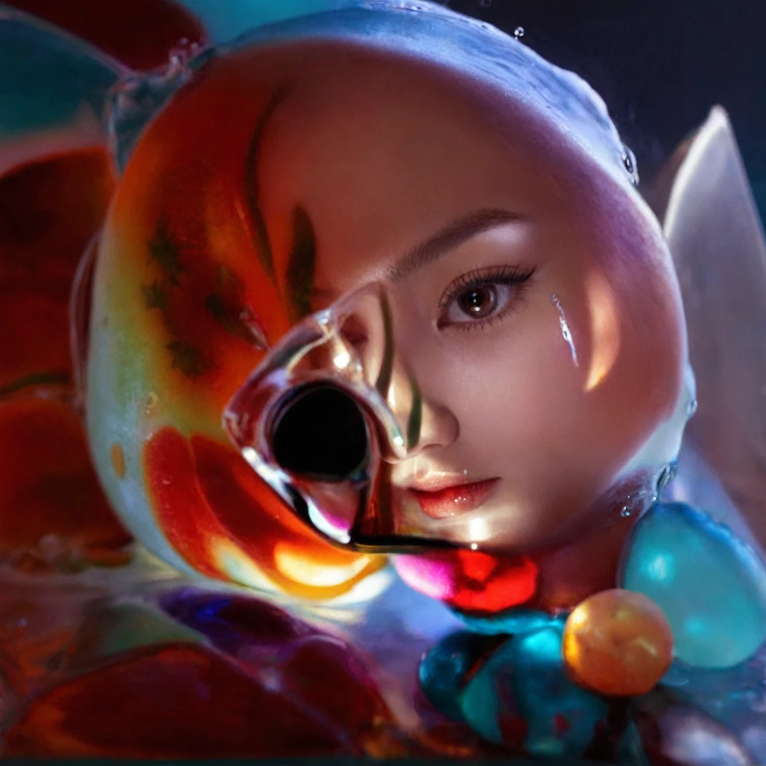 Summer mango girl，Dopamine teenage， Cool summer days，Ice cubes，The watery girl，Delicate skin，Hydration，Shiny，Shiny，dream，Front view，bust，pearl，Mango