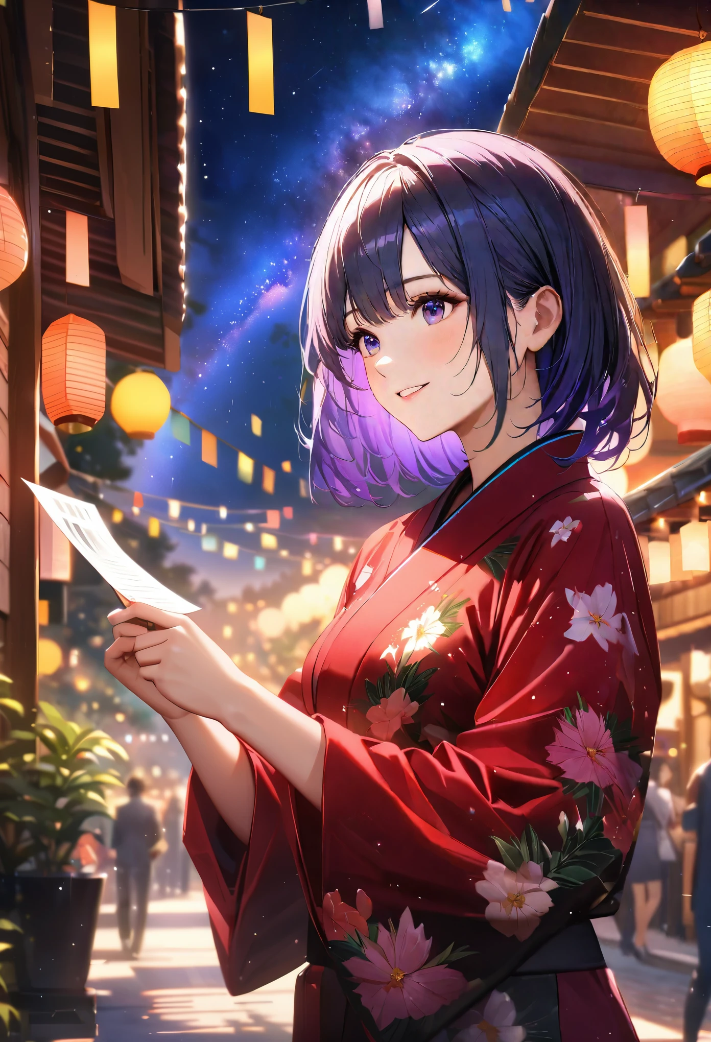 Tanabata,night, milky way,Yukata, Hold a paper strip in one hand,Looking at the sky,Blur the background,high school girl,smile,Glitter effect,Highest quality, 8K, High resolution, masterpiece:1.2, Very detailed, Realistic:1.37, High resolution, 超High resolution, Ultra-fine painting, Very detailed, Professional, Vibrant colors