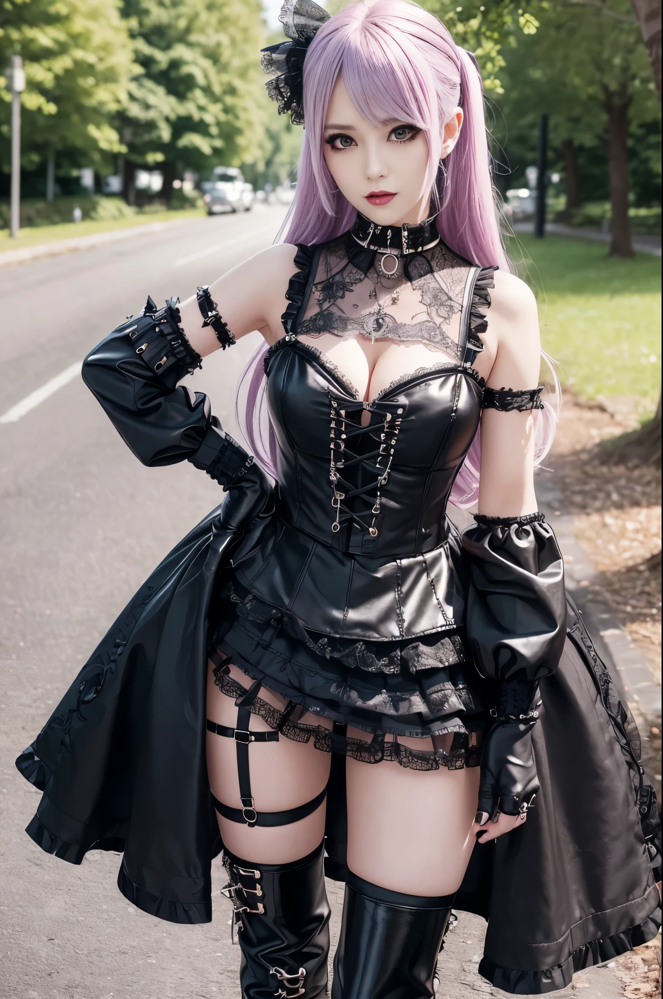 sexy stylish female model, only 1 female, ((doll-like appearance)), long stylish hair, ((shiny Punk-Style boots)), (happy smile), ultra detailed eyes, long lashes, metallic makeup, lip-gloss, ((sexy Punk ta cosplay)), unconventional skirt, petticoats, high neckline, ((ultra detailed lace)), ((ultra detailed embroidery)), intricate details, tartan patterns, safety pins, Punk Loliccessoires, short black gloves, Punk Lolita cr, ((large sparkling Punk Lolita jewel, cinematic light, detailed sunny large park background with trees