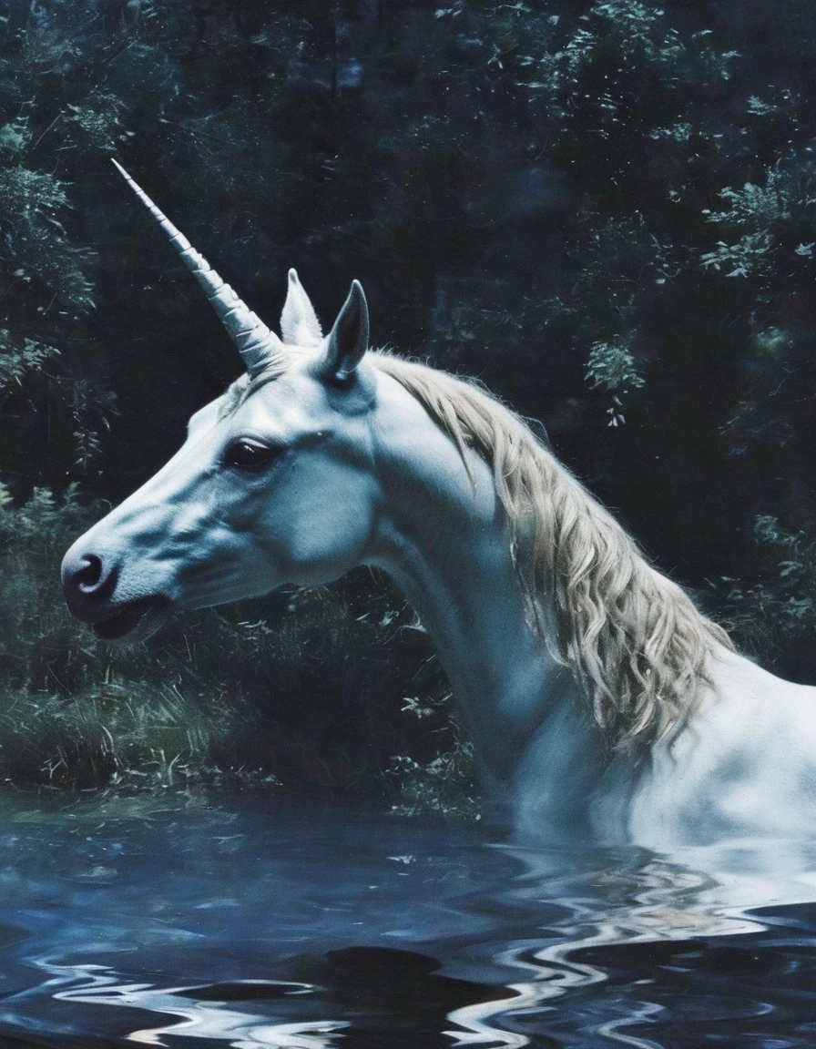 unicorn in water, night forest background