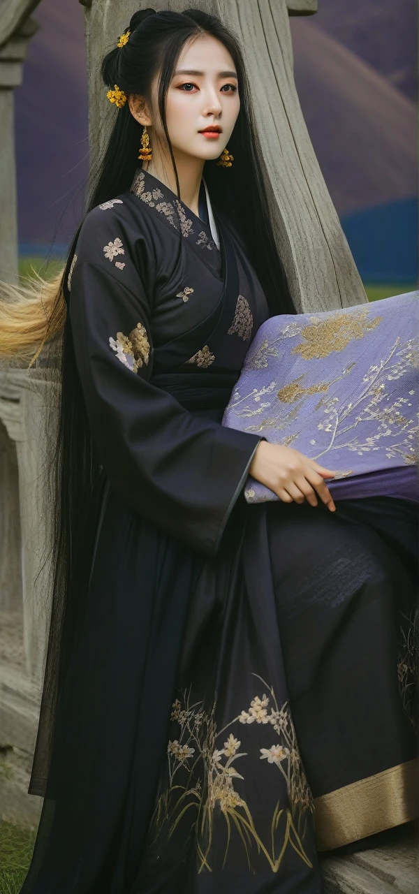 best quality,High definition portrait photography, looking at viewer,a female figure dressed in a traditional hanfu, summer,ruins,((messy hair)),(grassland),(yellow eyes),incredibly absurdres,(gold hair),floating hair,Large number of environments,the medieval ,grace,prospect,water eyes,wind,breeze,god ray,lawn,Mountains and lakes in the distance,The sun shines through the trees,A vast expanse of grassland,Beautiful face, beautiful eyes,