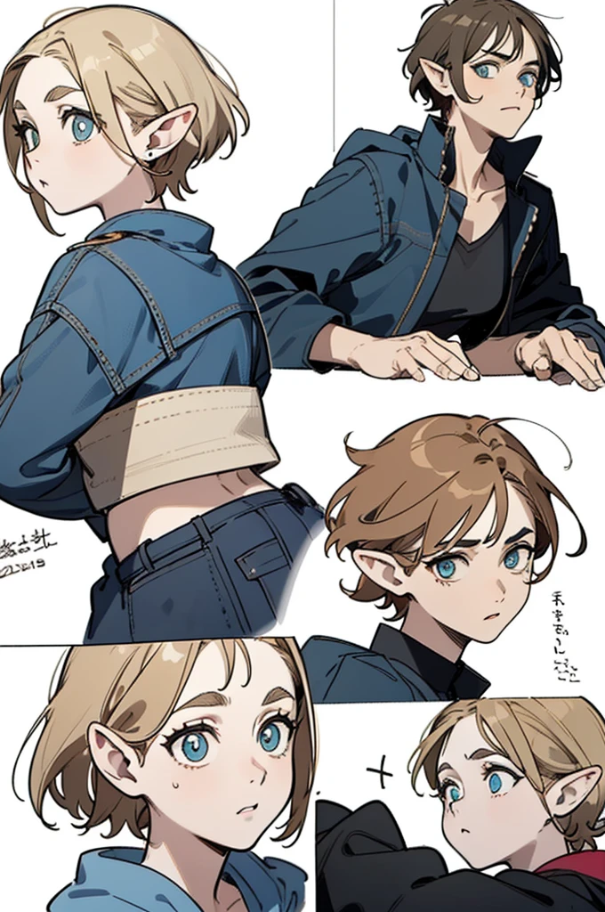 (Tomboy guy), skinny,(no breasts),(full height), (burgundy shirt), black tie, (jeans), (lots of jewelry), (lots of details),black sneakers, ((character concept art)), ((Several poses and facial expressions)), A list of characters, (character drawing, obverse, reverse, side, the same character) In the background are depicted: (same face: 1.1), (brown hair), (very short pixie haircut), (shaggy hair), (brown neat eyebrows), (big blue eyes),(large black eyelashes) (smooth Greek nose), (High quality), (super detail), (beautiful eyes in detail), ((cute style)), Clean and tidy face, five fingers, perfect anatomy,palette on the background,character colors on the background.