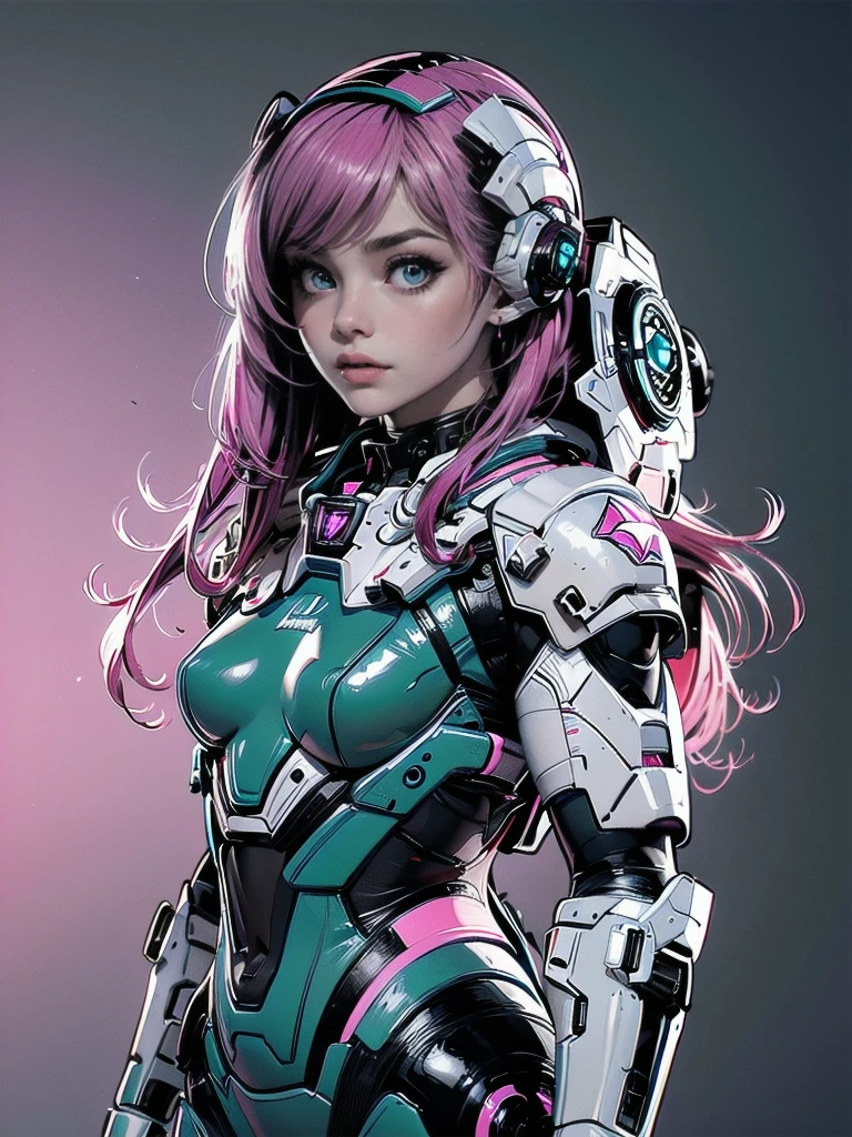 masterpiece, best quality, 1girl, solo, retro futuristic cyborgwoman, seamlessly blending mechanics and elegance. fit, small breasts, blueish skin, with magenta hair, fashion modeling pose, form fitting pastel green and pink with black colorblocking gundam suit-like-armor , happy, wild hair, humanoid face with bigger eyes and some cyberparts holding a retro futuristoc space-gun, plain background, dark colors, Anime, Cartoon, Comic Book, Concept Art