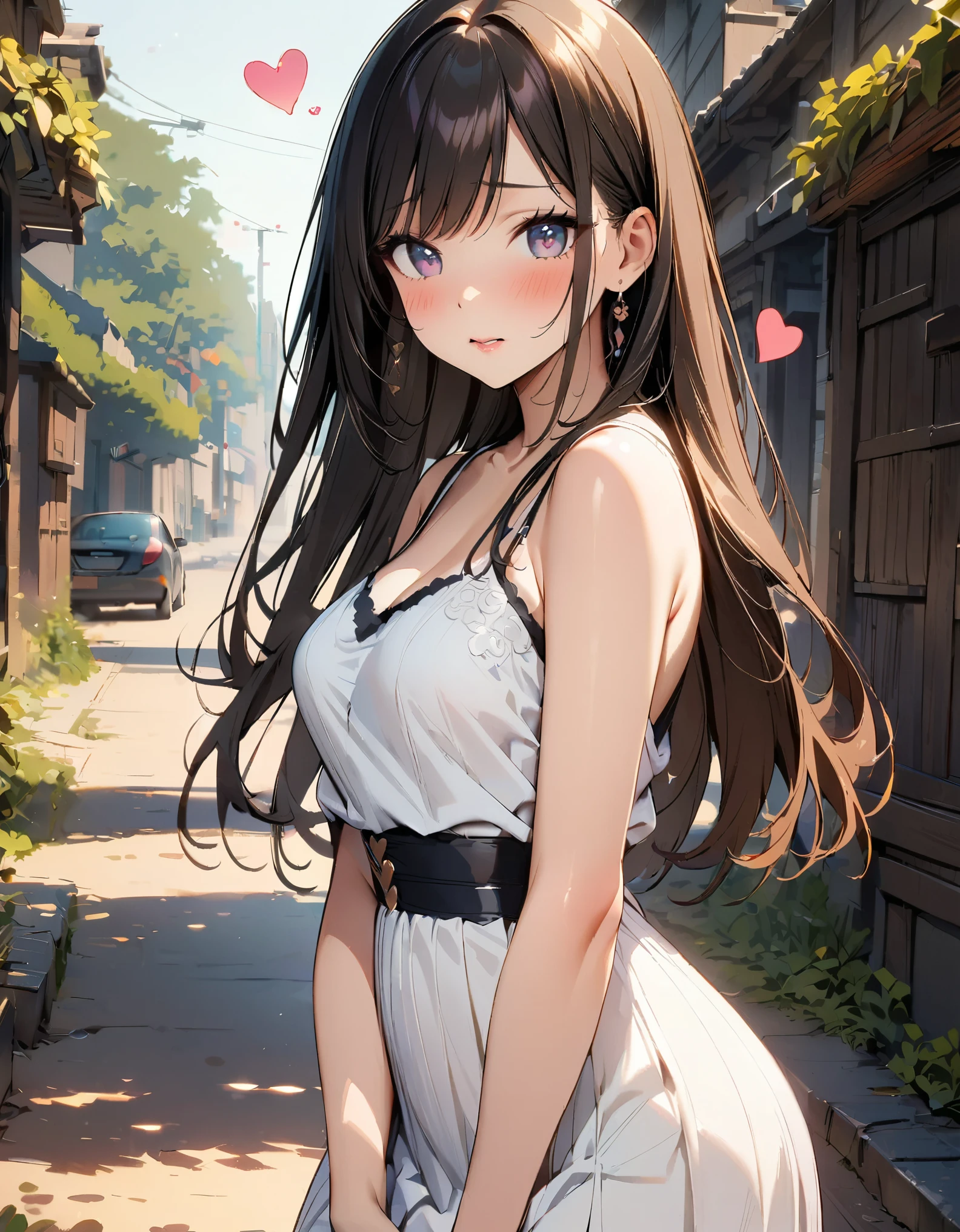 1 lady, Beautiful asian lady, Long straight hair, beautiful face, detailed face, delicate eyes, detailed pupil, beautiful and delicate lips, white camisole long skirt, Simple and stylish, hand drawn animation, high detailed, outdoor, blush, shy, heart, in love, symmetrical clothes, best quality, masterpiece, retina