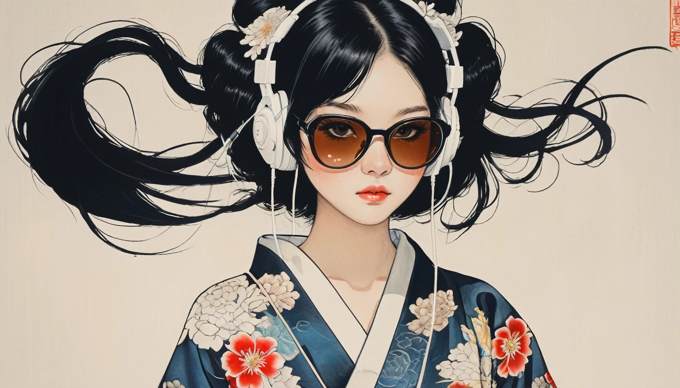 Ink Painting, (((1 girl))), (((Tattoo on face))), (((sunglasses))), (((Gorgeous kimono))), Japanese style headphones, Japanese sword, beautiful girl, Black Hair, Delicate and precise, Modern ukiyo-e style, Maid