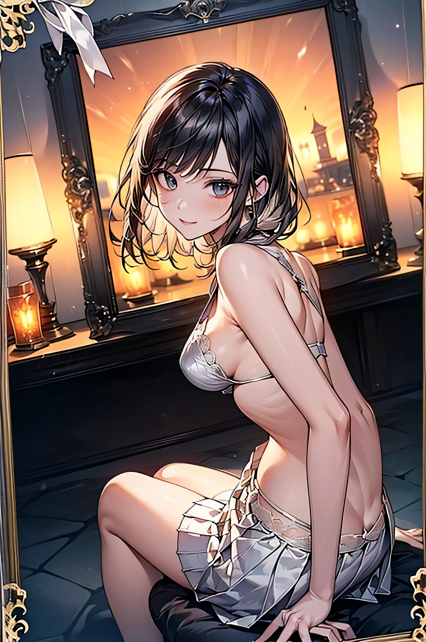 ((Biologically correct limb count))、(( Full-body photo including face))、4K、((Standing position))、masterpiece、((Focus on the face))、((Symmetrical facial features))、Eye for detailed depiction、Beautiful blue-haired woman、Excellent style、Beautiful clavicle、Beautiful feet、Beautiful Hands、Slender body、(stockings、garter belt、High heels)、Facial detailing、Small earrings、necklace、(No sleeve、Pleated skirt)、Lighting High Heels、tie、sunny、(((Photo frame with white border)))、Seductive posture、((She is sitting with her buttocks thrust back and her upper body arched, looking up.))、Looking at the night view、(Low - Angle、A camera angle that captures the inside of a skirt from below)、Silk gloves、(((Black Hair、Silver Hair)))、(((Moments of ecstasy)))、((Looking back))、Close-up photo of the upper body、seductive smile