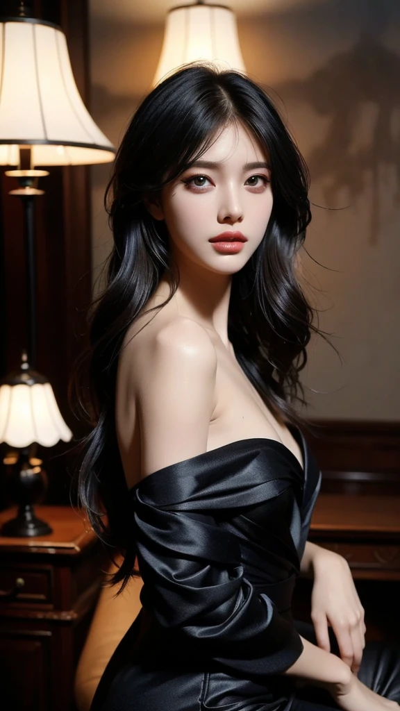 masterpiece, best quality, Extremely detailed,  Very detailed Very detailed, Practical, Uniqueness, Very detailed, Be focused, Perfect face, Perfect face, Perfect symmetry perfect eyes, Perfect plump lips, Flexible female form, , lamp, Extremely detailed, hyper Practical, masterpiece, atmosphere, high resolution, Full of energy, 动态工作室lamp光, National Foundation, ((Dark background)), Sexy face, Happy facial expressions, Straight bangs, blue eyes,((Cowboy shooting, Moles under the eyes,)),Half-length photo,Complete,