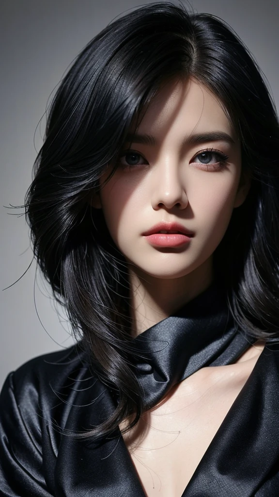 masterpiece, best quality, Extremely detailed,  Very detailed Very detailed, Practical, Uniqueness, Very detailed, Be focused, Perfect face, Perfect face, Perfect symmetry perfect eyes, Perfect plump lips, Flexible female form, , lamp, Extremely detailed, hyper Practical, masterpiece, atmosphere, high resolution, Full of energy, 动态工作室lamp光, National Foundation, ((Dark background)), Sexy face, Happy facial expressions, Straight bangs, blue eyes,((Cowboy shooting, Moles under the eyes,)),Half-length photo,Complete,