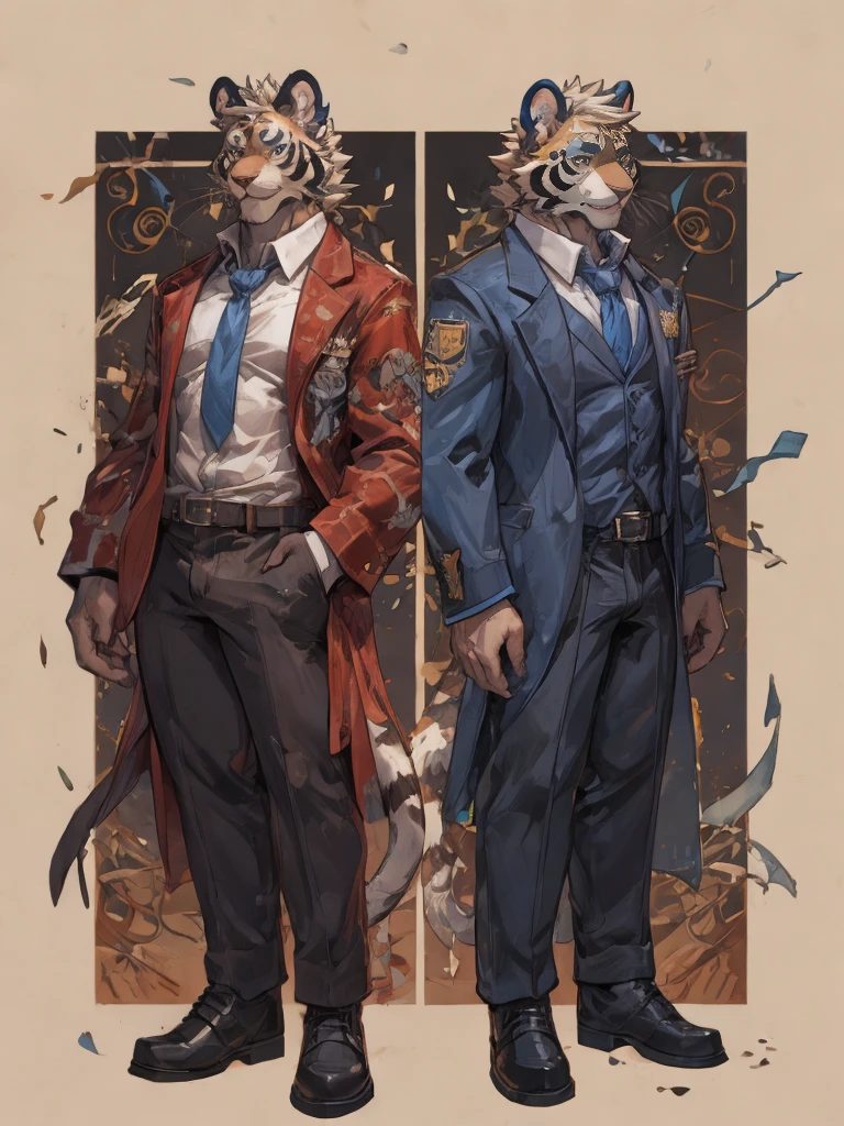 {{bara extremely handsome white tiger,}} {{white fur,}} white, wearing elegant ornate suit jacket, trousers, white dress shirt and necktie, white fluffy furry body and limbs, loafers, very tall, very broad shoulders, narrow waist, muscular arms, massive pecs, purple eyes, very long legs, massive bulge, sophisticated hot look, full body, 3/4 view, best quality, high quality, silver earring on left ear, sultry smirk, multiple views, character sheet