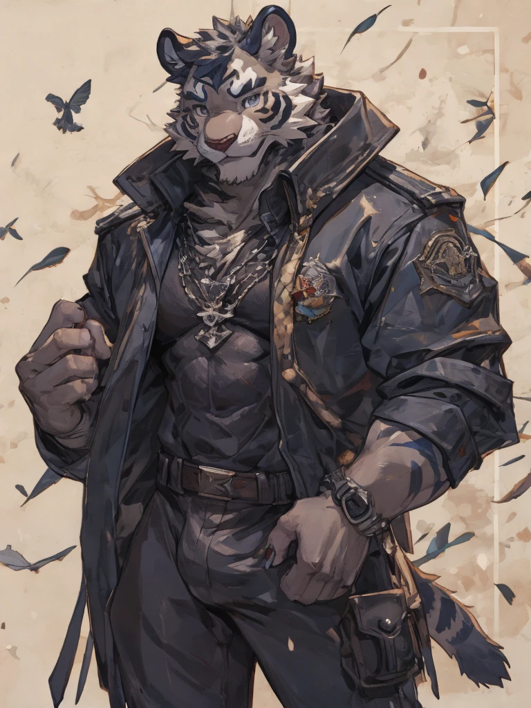 {{bara extremely handsome white tiger,}} {{white fur,}} white, wearing elegant ornate suit jacket, trousers, white dress shirt and necktie, white fluffy furry body and limbs, loafers, very tall, very broad shoulders, narrow waist, muscular arms, massive pecs, purple eyes, very long legs, massive bulge, sophisticated hot look, full body, 3/4 view, best quality, high quality, silver earring on left ear, sultry smirk, multiple views, character sheet