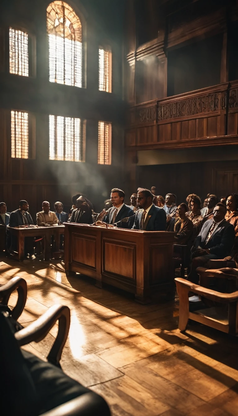 A courtroom scene where Civil Rights activists are defending their cause, background dark gold sun, hyper realistic, ultra detailed hyper realistic, photorealistic, Studio Lighting, reflections, dynamic pose, Cinematic, Color Grading, Photography, Shot on 50mm lens, Ultra-Wide Angle, Depth of Field, hyper-detailed, beautifully color, 8k