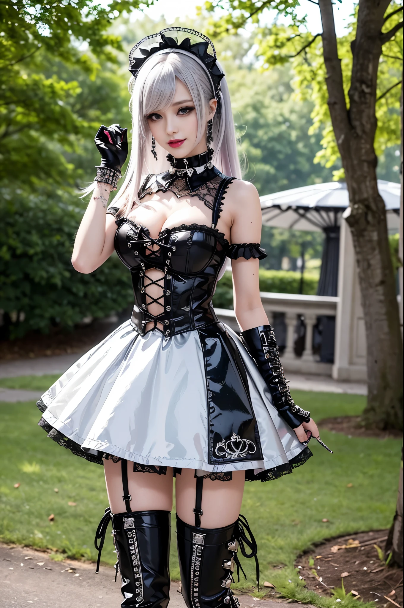 sexy stylish female model, only 1 female, ((doll-like appearance)), long stylish hair, ((shiny Punk-Style boots)), (happy smile), ultra detailed eyes, long lashes, metallic makeup, lip-gloss, ((sexy Punk ta cosplay)), unconventional skirt, petticoats, high neckline, ((ultra detailed lace)), ((ultra detailed embroidery)), intricate details, tartan patterns, safety pins, Punk Loliccessoires, short black gloves, Punk Lolita cr, ((large sparkling Punk Lolita jewel, cinematic light, detailed sunny large park background with trees