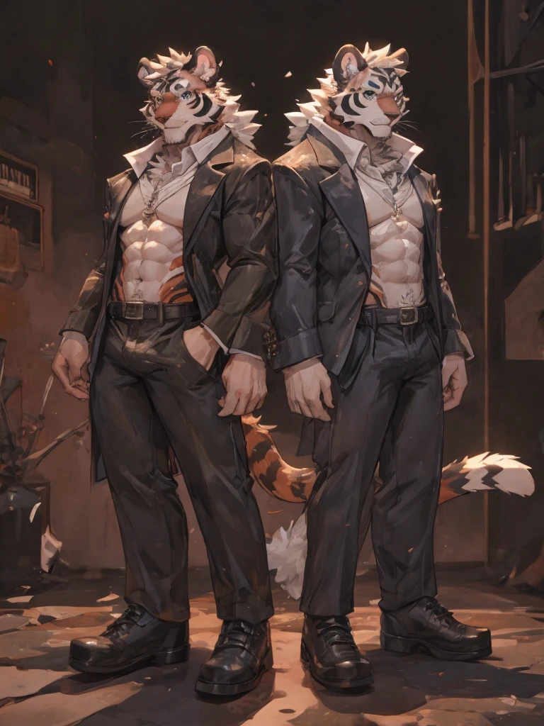 {{bara extremely handsome white tiger,}} {{white fur,}} white, wearing elegant ornate suit jacket, trousers, white dress shirt and necktie, white fluffy furry body and limbs, loafers, very tall, very broad shoulders, narrow waist, muscular arms, massive pecs, purple eyes, very long legs, massive bulge, sophisticated hot look, full body, 3/4 view, best quality, high quality, silver earring on left ear, sultry smirk, multiple views, character sheet