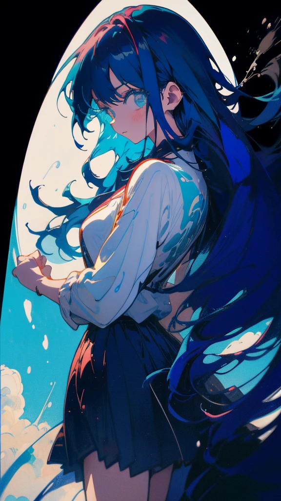 Blue-haired long hair,Design clothing,Seven-doppelganger shot,Anime style 4K,Anime girl with teal hair,High quality anime art style,Are standing,painting,Splash ink background,Blue Themes、Pure white background,Buildings,Face close-up,Buildings,Moon and sun、Long legs,Tokyo city,water surface,Splash,Ocean