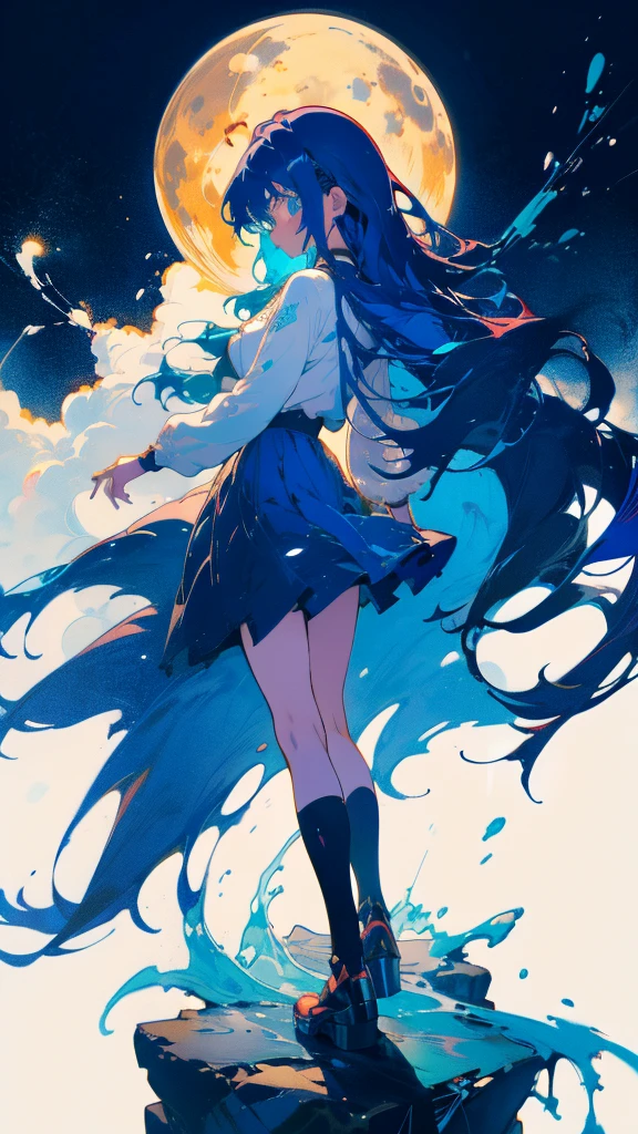 Blue-haired long hair，Design clothing，Seven-doppelganger shot，Anime style 4K，Anime girl with teal hair，High quality anime art style，Standing painting，Splash ink background，Blue Themes、Pure white background,Buildings,Face close-up,Buildings,Moon and sun、Long legs