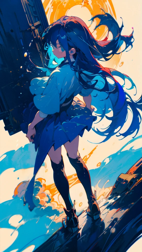 Blue-haired long hair,Design clothing,Seven-doppelganger shot,Anime style 4K,Anime girl with teal hair,High quality anime art style,Standing painting,Splash ink background,Blue Themes、Pure white background,Buildings,Face close-up,Buildings,Moon and sun、Long legs