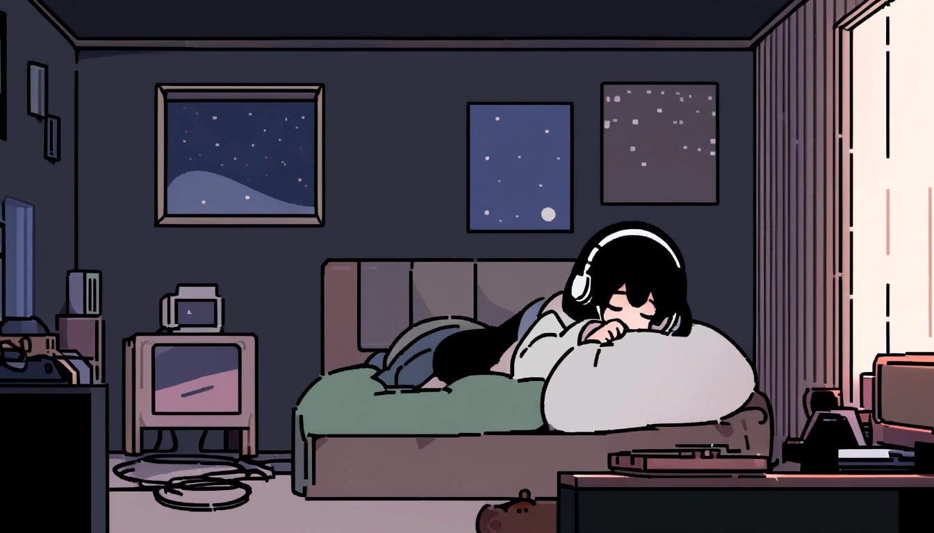 night、Girl listening to music in a cozy room, Using headphones, 2D-style animation, Lo-Fi, hard disk, Dark Environment, Hugging your boyfriend,Makoto Shinkai style