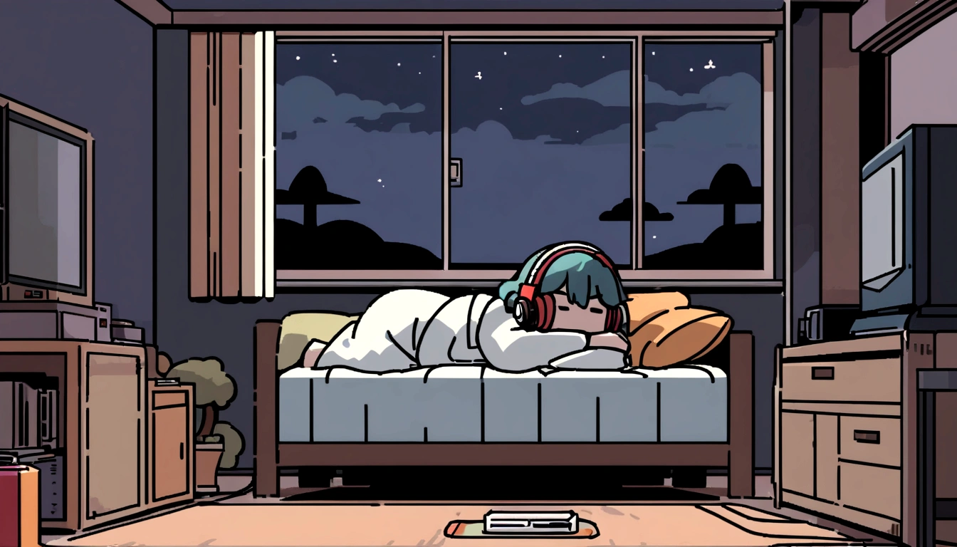 night、Girl listening to music in a cozy room, Using headphones, 2D-style animation, Lo-Fi, hard disk, Dark Environment, Hugging your boyfriend,Makoto Shinkai style