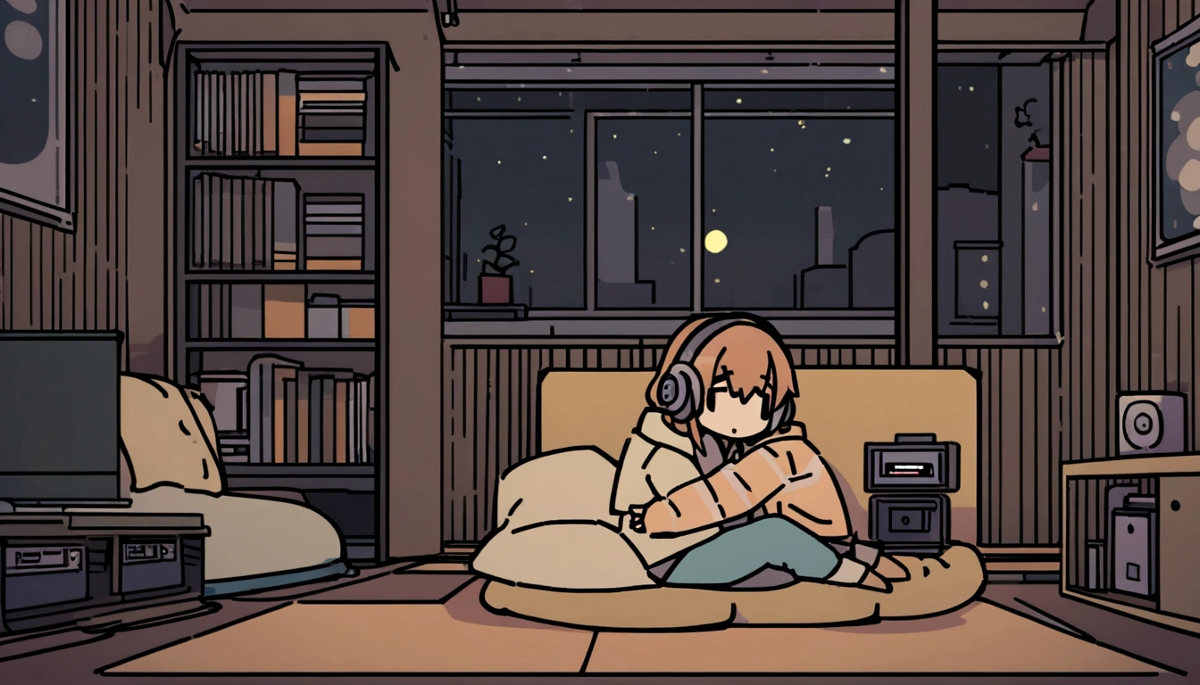 night、Girl listening to music in a cozy room, Using headphones, 2D-style animation, Lo-Fi, hard disk, Dark Environment, Hugging your boyfriend,Makoto Shinkai style
