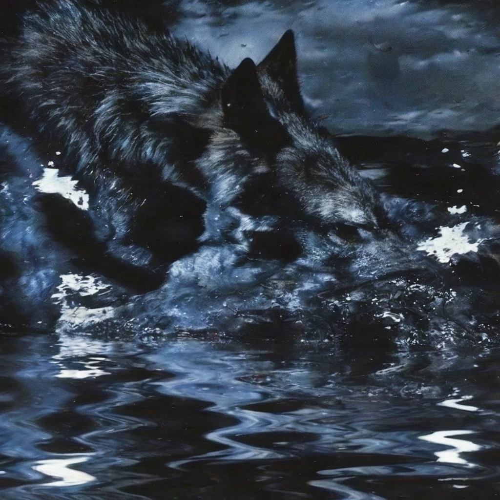 wolf in water, night forest background