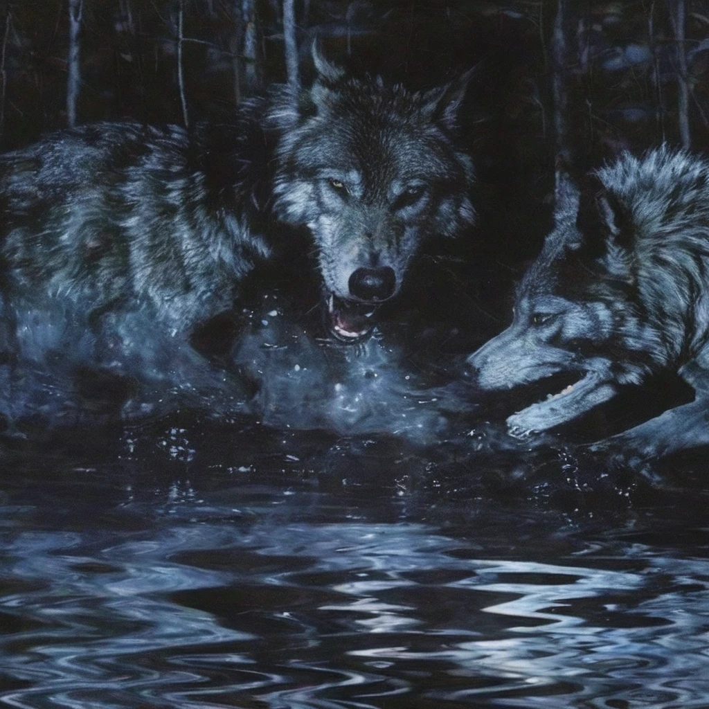 wolf in water, night forest background