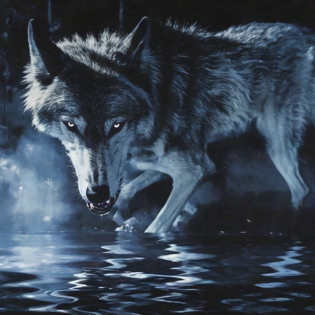 wolf in water, night forest background