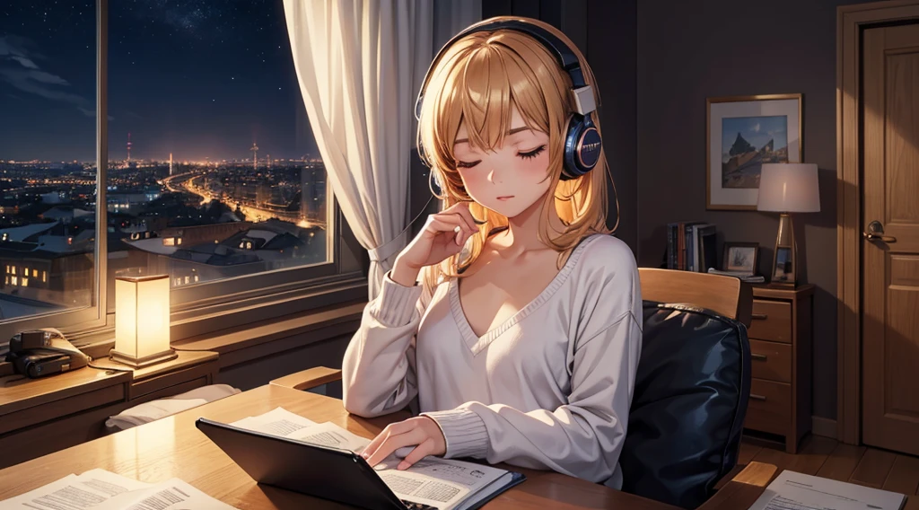 Girl with headphones enjoying music in a home I am studying Emphasize a little bit of the big chest Looking towards me with eyes closed Night Background