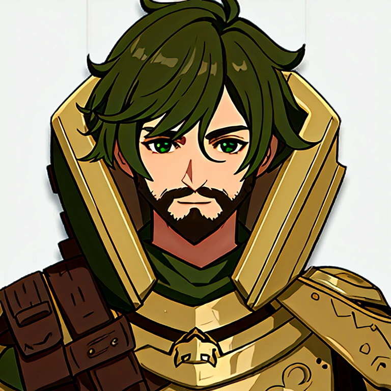 masterpiece, best quality, simple background, portrait, solo, 1man, 30 years old, short beard, light green-brown armor, short brown hair, knight, scout