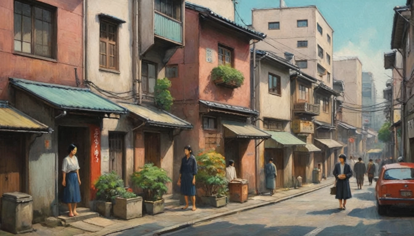 by rella, woman standing on a narrow street in a city with buildings, in a tokyo street, by Eizan Kikukawa, in the streets of tokyo, standing in an alleyway, by Torii Kiyomoto, by Kamagurka, by Tobias Stimmer, in narrow tokyo alleyway, shot in canon 50mm f/1.2
