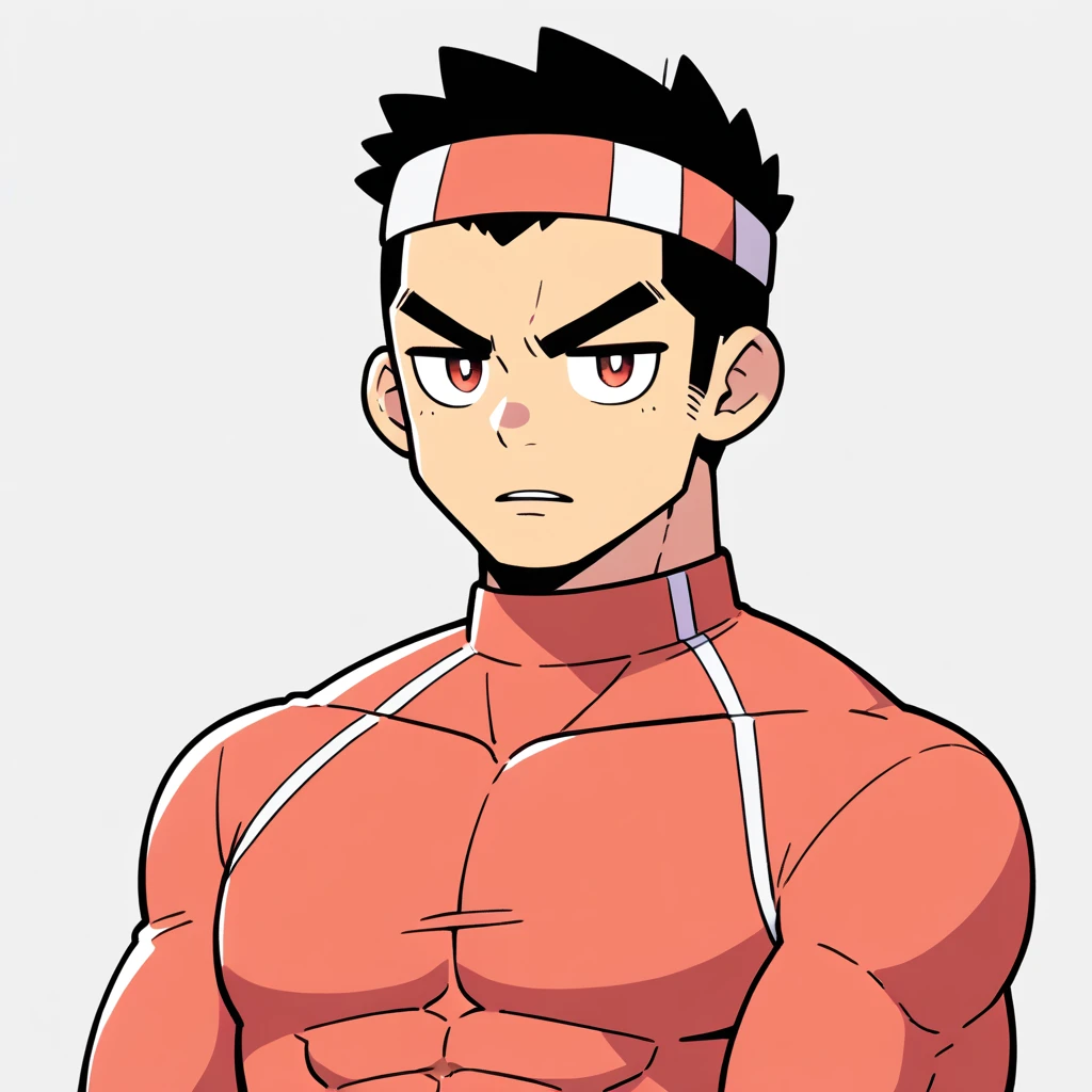 anime characters:Gyee, Muscle Sports Student, Manliness, sports headband, male focus, Cute boy with big eyes, Brown high collar long sleeve tight T-shirt, Slightly transparent material, Very tight, Round, full and perky chest muscles, Slightly transparent, muscular male, muscular, only, Upper body, alone, Black short hair, Thick eyebrows, stubble, Cute little eyes, Brown-red pupils, Grey background, simple background, amazing quality, best aesthetics, Ridiculous, crew cut, parted lips, v-shaped eyebrows, jitome, drop shadow, best quality