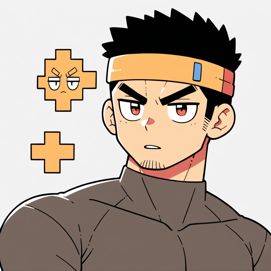 anime characters:Gyee, Muscle Sports Student, Manliness, sports headband, male focus, Cute boy with big eyes, Brown high collar long sleeve tight T-shirt, Slightly transparent material, Very tight, Round, full and perky chest muscles, Slightly transparent, muscular male, muscular, only, Upper body, alone, Black short hair, Thick eyebrows, stubble, Cute little eyes, Brown-red pupils, Grey background, simple background, amazing quality, best aesthetics, Ridiculous, crew cut, parted lips, v-shaped eyebrows, jitome, drop shadow, best quality
