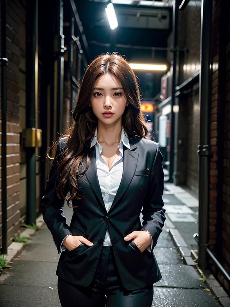 a beautiful woman with tan skin, long curly brown hair, wearing a dark suit pants, black blazer over a white shirt, in an urban background, at night, in a dark alley, realistic, 8k, unreal engine, extremely detailed, octane rendering