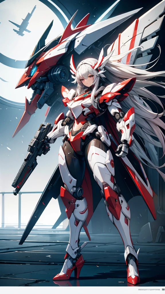 Huge mecha with long white hair，Chest，Full body red armor，helmet，female robot，mechanical joint，wing，Thruster，high heels，front，Sci-fi city