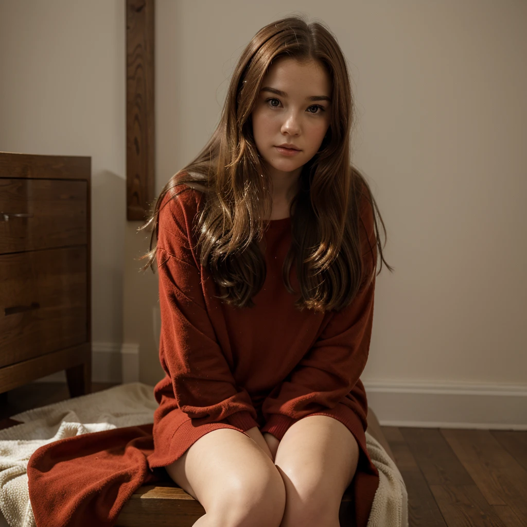 Mabel,1girl,solo,red sweather,brown hair,long hair,sitting