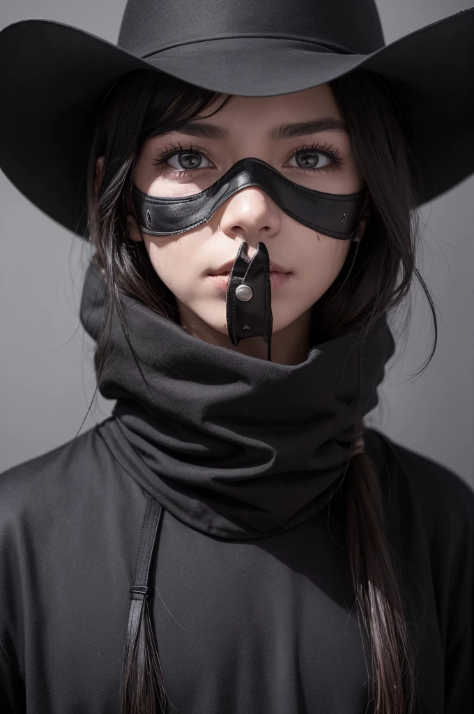 Make a cowboy who wears black clothes and an iron mask that hides burn scars all over his face, The mask has eyes, mouth and nose, she is a little poorly taken care of 