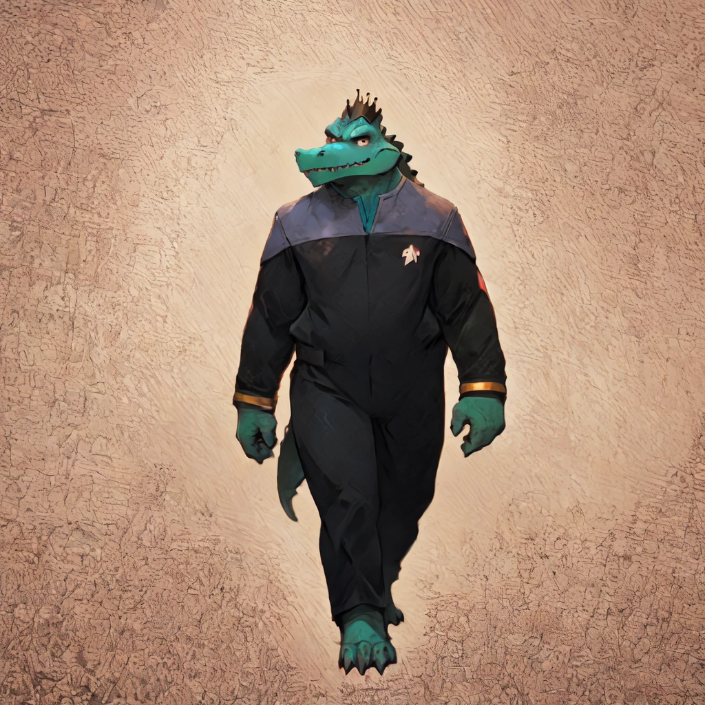 (((Barefoot scaley character, full body, cinematic setting, furry male, plantigrade))) 
Doctor (((kingkrool))), crocodile, green skin, reptile, gold bracelets, scales, bloodshot eye, fat, obese,
exudes confidence and authority, wears star trek DS9 doctor teal uniform, ((ds9st, black and grey star trek uniform, grey shoulders, teal neck, black jumpsuit, black pants)) dynamic pose, holding medical tricorder
((starship interior with many screens and consoles)), futuristic look, metalic, bright colors
BREAK, intricate details, highly detailed, extreme detail, octane render, fine art, best quality, highres, (detailed face:1.5), ((full_body)), UHD, (((perfect hands))), ((low light:1.5))