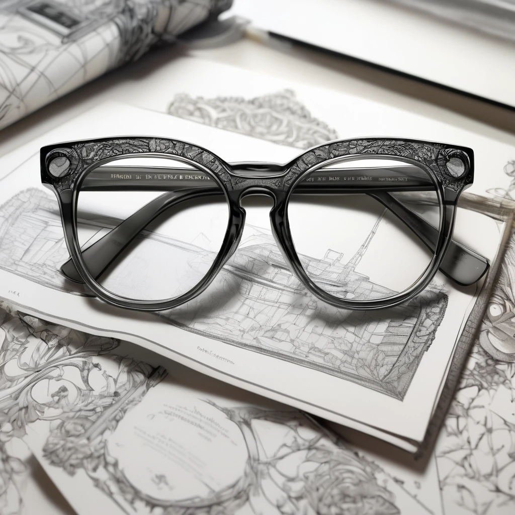 (detailed drawing) Eyeglass frames, gray tones, graphics, designs, logos