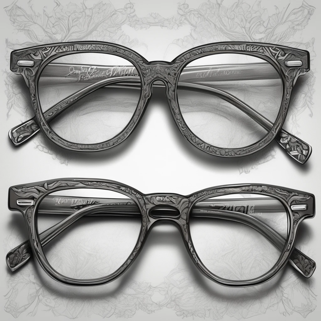 (detailed drawing) Eyeglass frames, gray tones, graphics, designs, logos