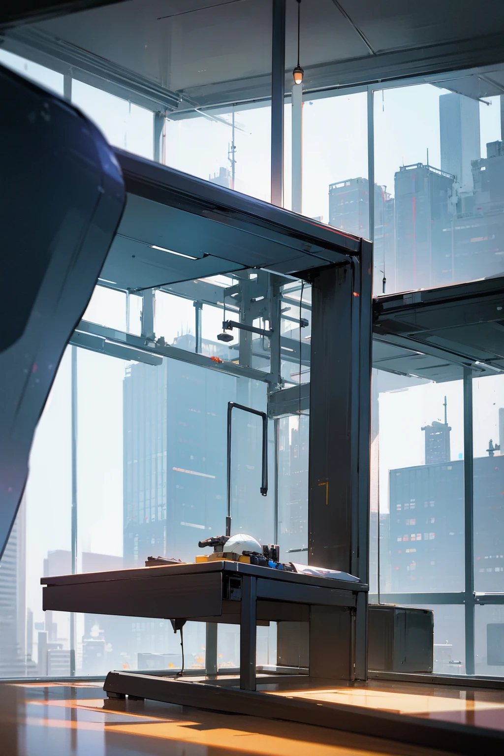 office, Large spacious windows, outside the window you can see a futuristic city with multi-story office buildings, starships fly, 16 thousand. ue5. Ultra slim, 8 k, HDR, product photography, depth of field, Nikon D850, Ultra realistic, no contrast, pure sharp focus, professional, There is no blur, Bright office, Light shades