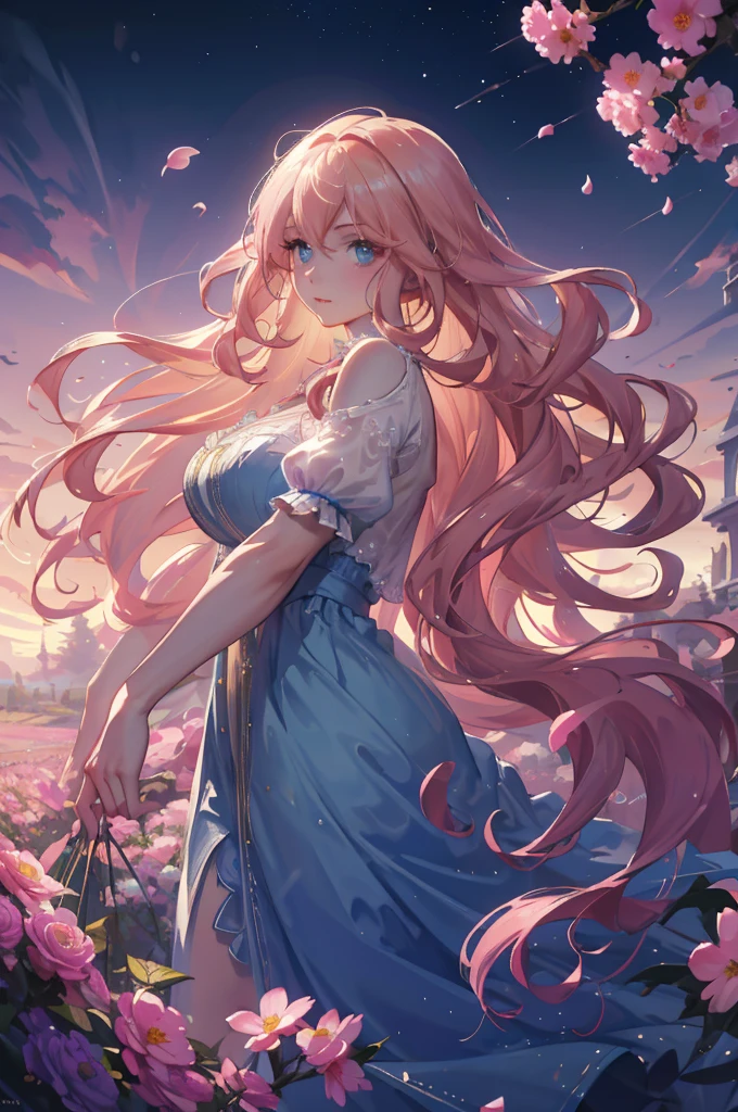 (very delicate, Masterpiece, Excellent lighting and shadows, HD wallpaper 8K), woman, white skin, Pink cheeks, plump lips, big eyes, Blonde hair, Long curly hair, blue eyes, gentle, Wear a long pink dress., The cloth fluttered in the wind., In the middle of a field of flowers, holding a bouquet.