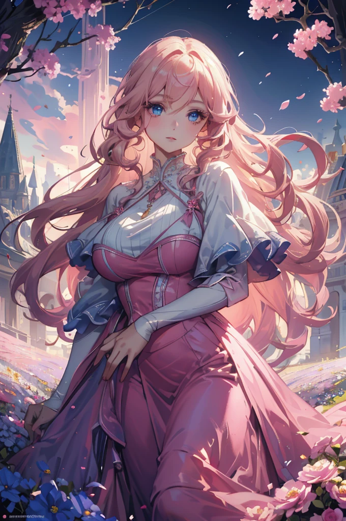(very delicate, Masterpiece, Excellent lighting and shadows, HD wallpaper 8K), woman, white skin, Pink cheeks, plump lips, big eyes, Blonde hair, Long curly hair, blue eyes, gentle, Wear a long pink dress., The cloth fluttered in the wind., In the middle of a field of flowers, holding a bouquet.