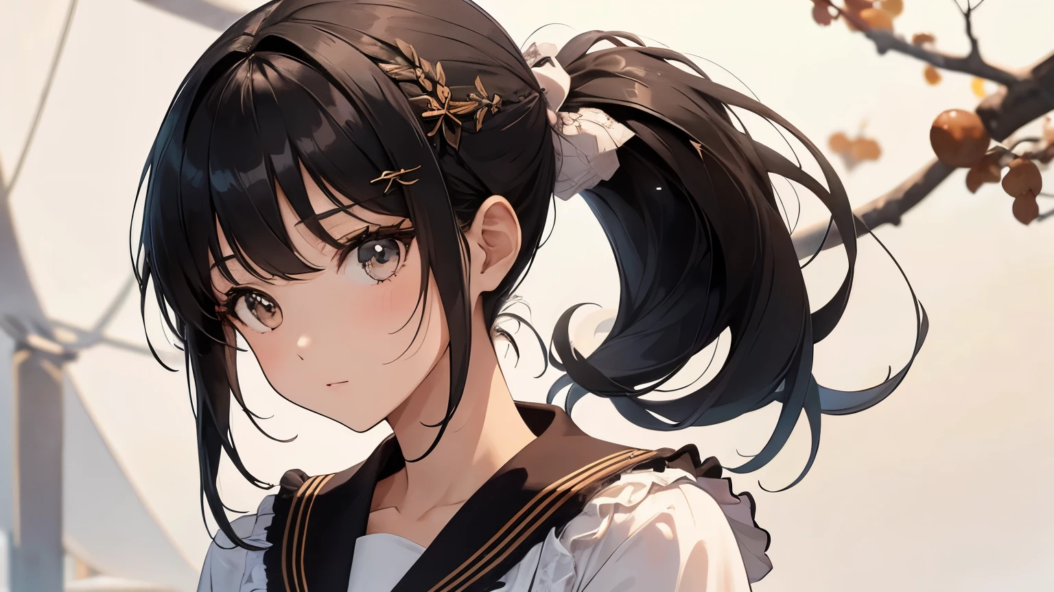 A beautiful girl wearing a brown sailor suit with lots of frills and lace　Black hair ponytail with hair ornament　Upper Body