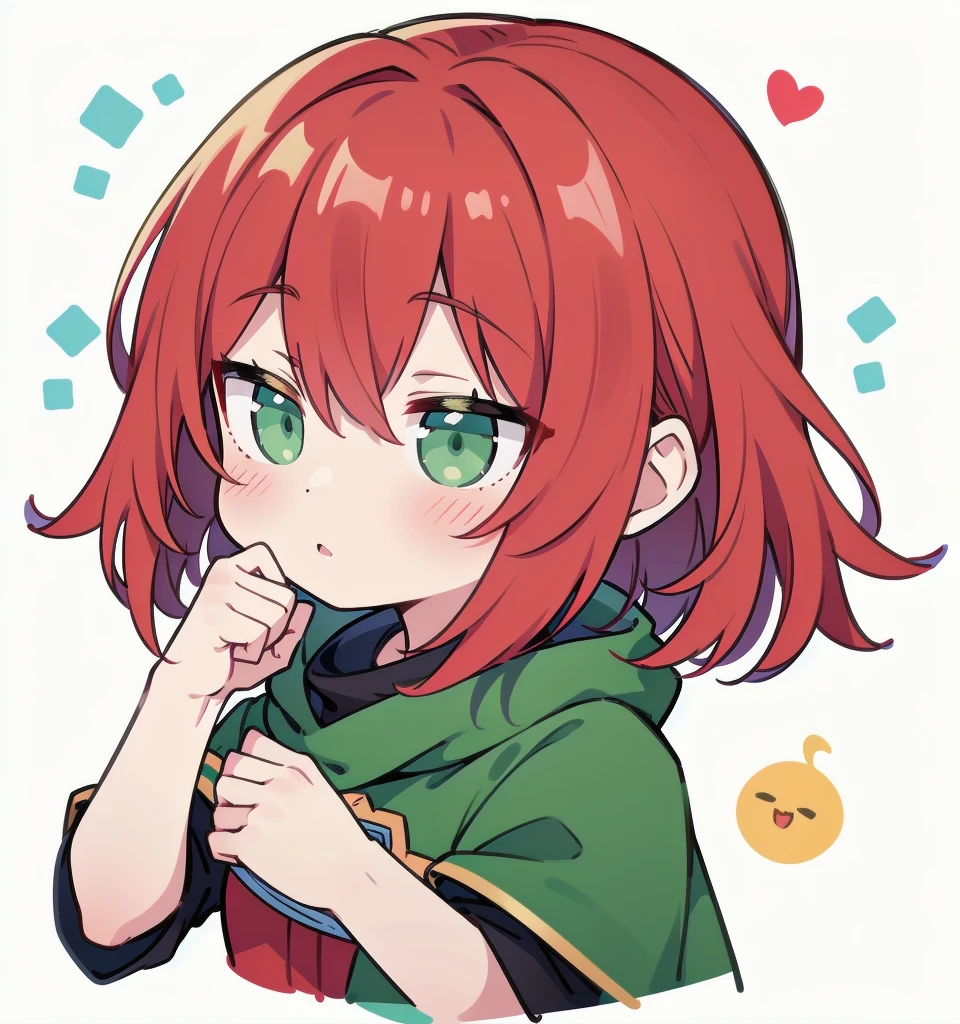 超A high resolution,(best quality,highres,masterpiece:1.2),1girl, red hair, blue cloak, green clothe, green eyes, warm color tones, Chibi, simple background, emoji, surprised, exclamation