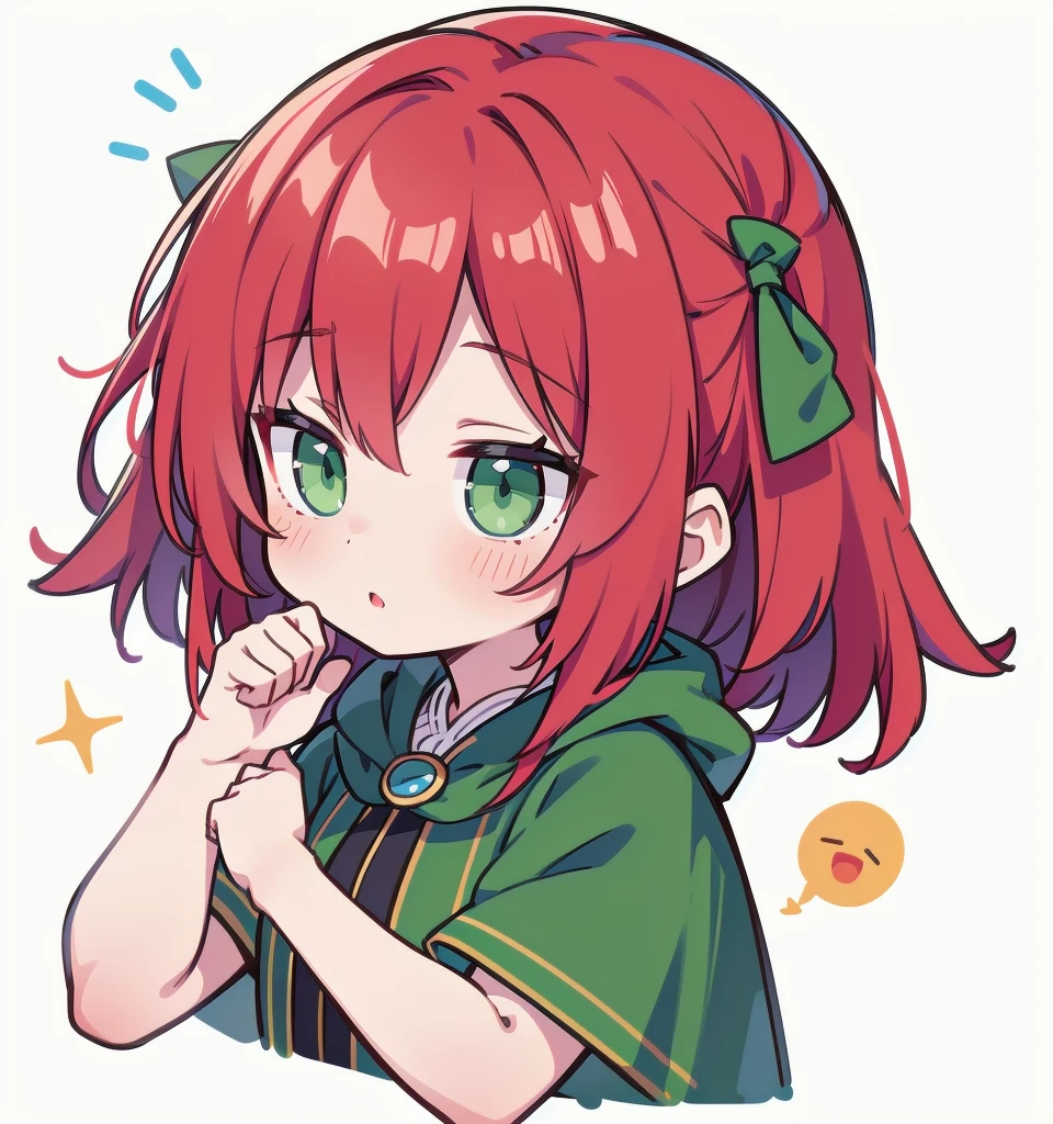 超A high resolution,(best quality,highres,masterpiece:1.2),1girl, red hair, blue cloak, green clothe, green eyes, warm color tones, Chibi, simple background, emoji, surprised, exclamation