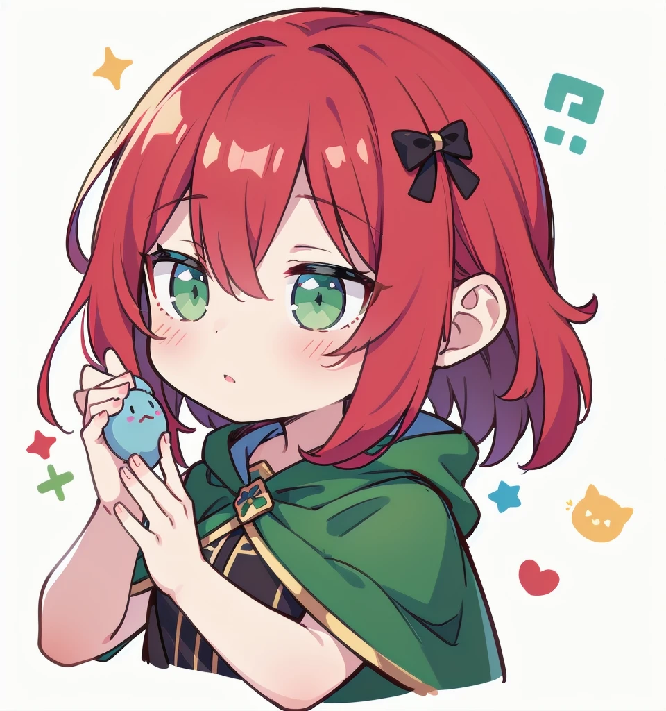 超A high resolution,(best quality,highres,masterpiece:1.2),1girl, red hair, blue cloak, green clothe, green eyes, warm color tones, Chibi, simple background, emoji, surprised, exclamation