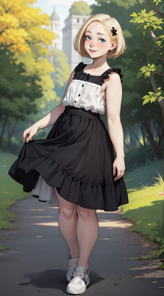 very detailed, masterpiece 1girl, pale skin, Take a walk in the park, ((black sundress)), (white sneakers), a captivating and seductive smile, Come here and see, full lips, short blonde hair, blue eyes, perfect hands, (small, flat chest), (Wide body), wide waist, round face, (fat and chubby body: 1.2), feet