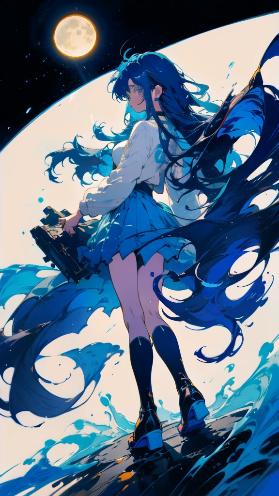 Blue-haired long hair,Design clothing,Seven-doppelganger shot,Anime style 4K,Anime girl with teal hair,High quality anime art style,Standing painting,Splash ink background,Blue Themes、Pure white background,Buildings,Face close-up,Buildings,Moon and sun、Long legs