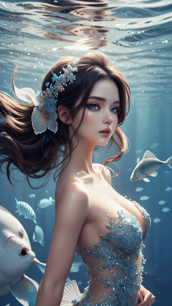 Beautiful black-haired woman with blue eyes, elegant and refined, fish, under sea,Highly detailed face, Detailed eyes, beautiful long eyelashes, complicated details, Award-winning digital art, movie light, Amazing color, realistic, 8K, Masterpiece